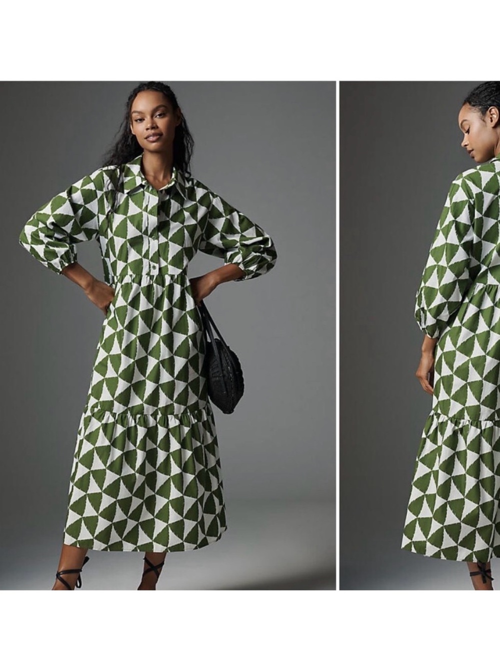 NWT Maeve by Anthropologie The Bettina Green and White Tiered Shirt Dress